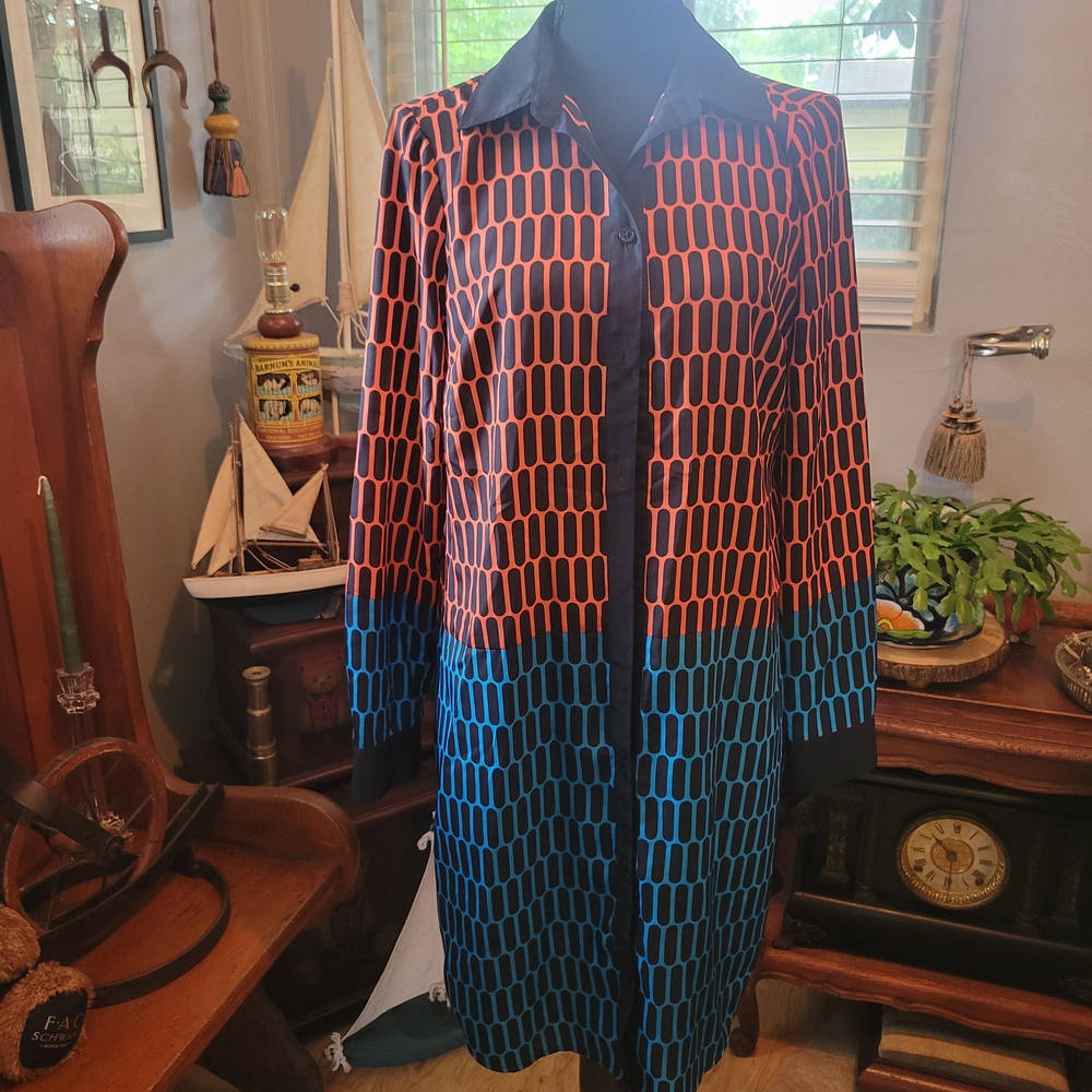 Michael Kors Geometric Long Sleeve Dress - Black, Orange, Blue